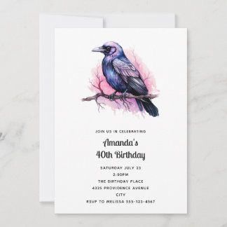 Black Raven on a Branch Illustration Geburtstag Einladung