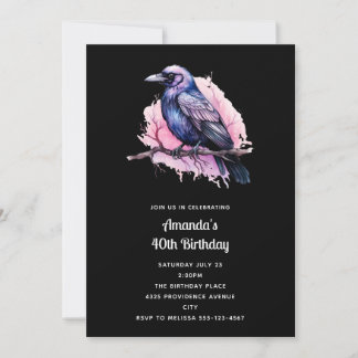 Black Raven on a Branch Illustration Geburtstag Einladung