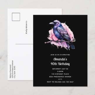 Black Raven on a Branch Illustration Geburtstag Einladungspostkarte