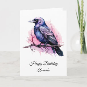 Black Raven on a Branch Illustration Geburtstag Karte