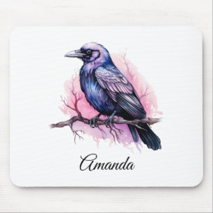 Black Raven on a Branch Illustration Mousepad