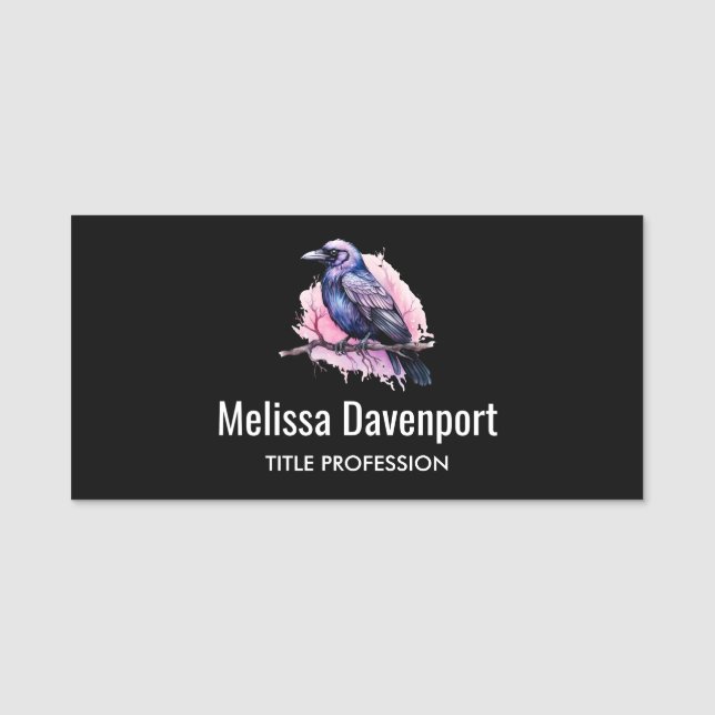 Black Raven on a Branch Illustration Namensschild (Vorderseite)