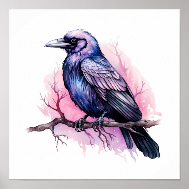 Black Raven on a Branch Illustration Poster (Vorne)