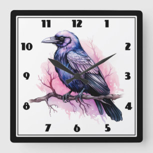 Black Raven on a Branch Illustration Quadratische Wanduhr