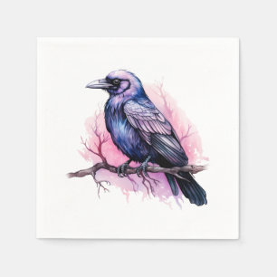 Black Raven on a Branch Illustration Serviette