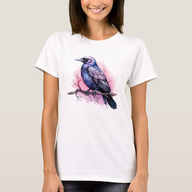 Black Raven on a Branch Illustration T-Shirt (Vorderseite)