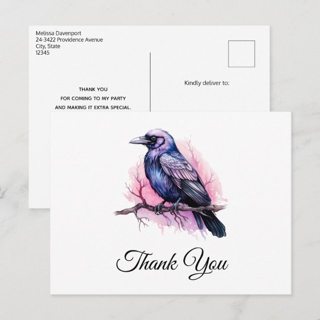 Black Raven on a Branch Illustration Vielen Dank Postkarte (Vorne/Hinten)