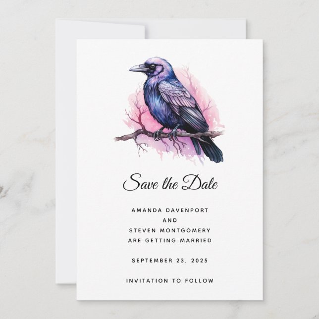 Black Raven on a Branch Illustration Wedding Save The Date (Vorderseite)