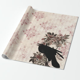 Black Raven on Branch Burgundy Damask Geschenkpapier