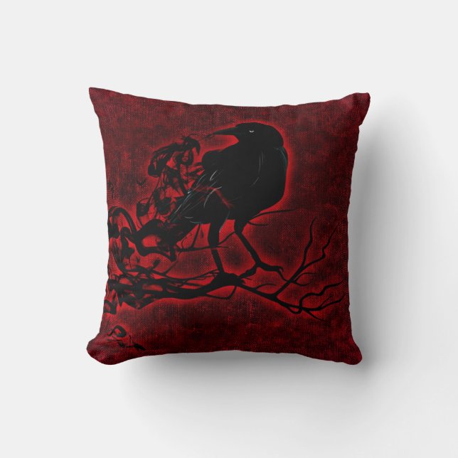 Black Raven on Deep Red Kissen (Vorderseite)