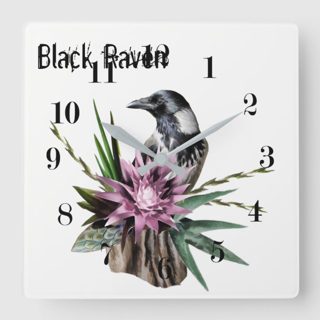Black Raven Quadratische Wanduhr (Vorderseite)