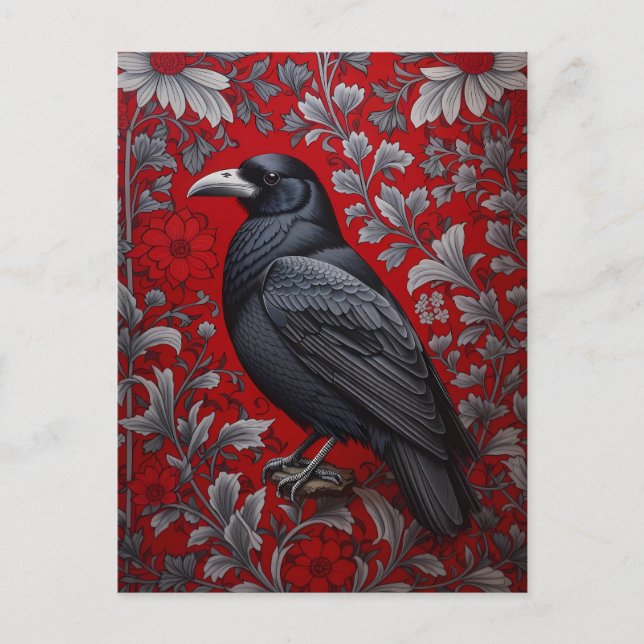 Black Raven Red Floral William Morris Inspired Postkarte (Vorderseite)