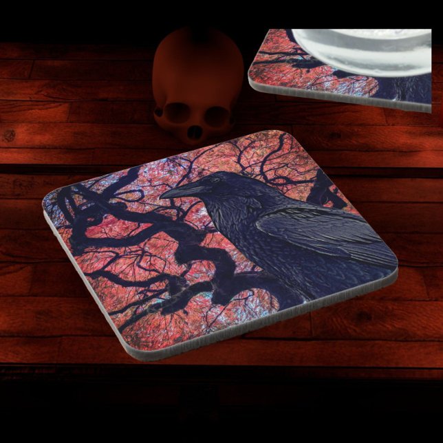 Black Raven und Gnarly Japanese Maple Tree Getränkeuntersetzer (In situ)