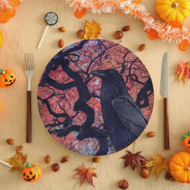 Black Raven und Gnarly Japanese Maple Tree Pappteller (In Situ Halloween)