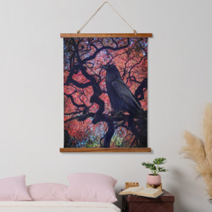 Black Raven und Gnarly Japanese Maple Tree Wandteppich Mit Holzrahmen