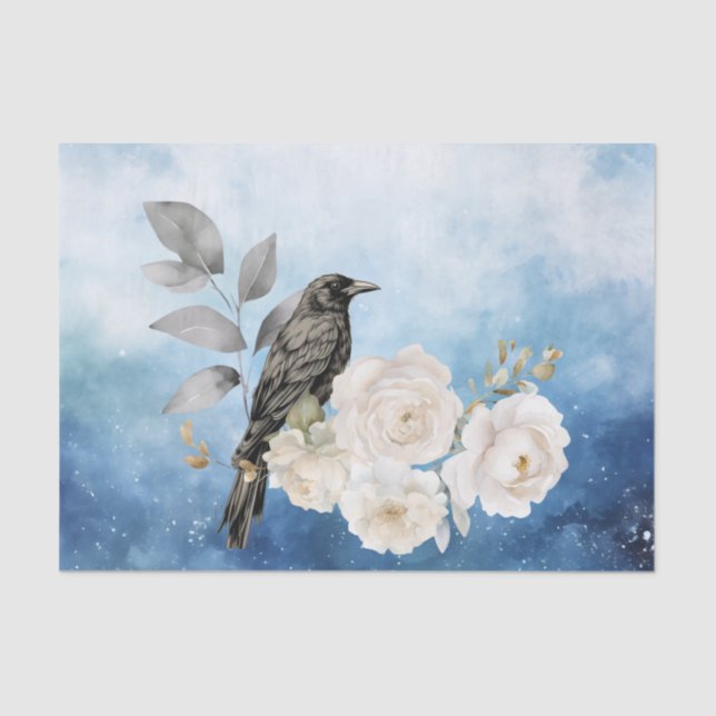 Black Raven White Flowers Blue Background Seidenpapier (Vorderseite)