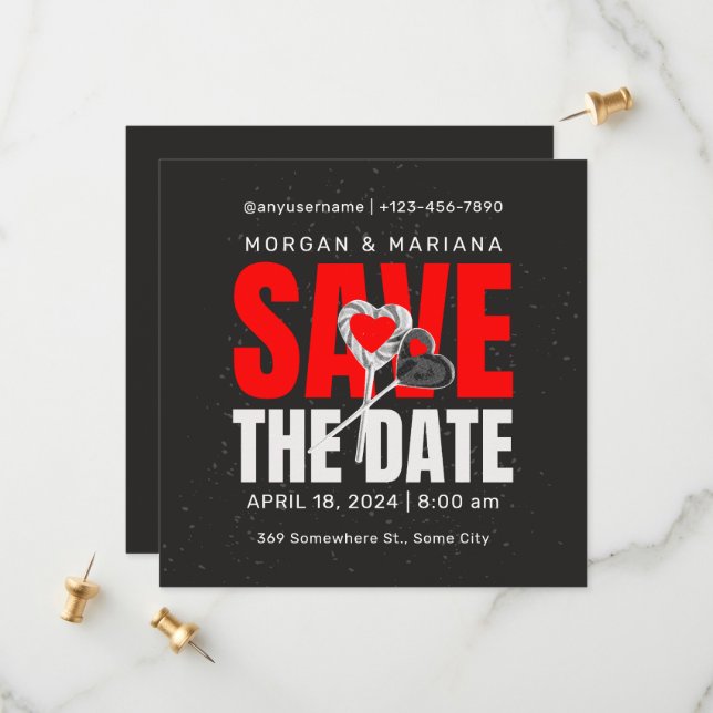 Black Red Bold Save the Date Liebe Theme (Vorderseite/Rückseite Beispiel)