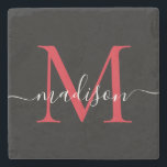 Black Red Burgundy Monogram Feminine Script Name Steinuntersetzer<br><div class="desc">Eleganter Black Red Burgundy Maroon Monogram Feminine Script Name Stone Untersetzer</div>