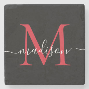 Black Red Burgundy Monogram Feminine Script Name Steinuntersetzer