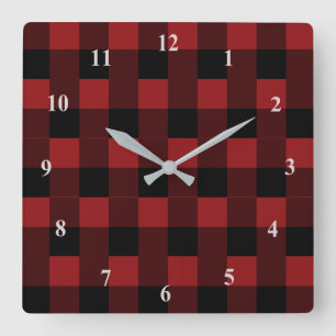 Black Red Checked Wall Clock Quadratische Wanduhr
