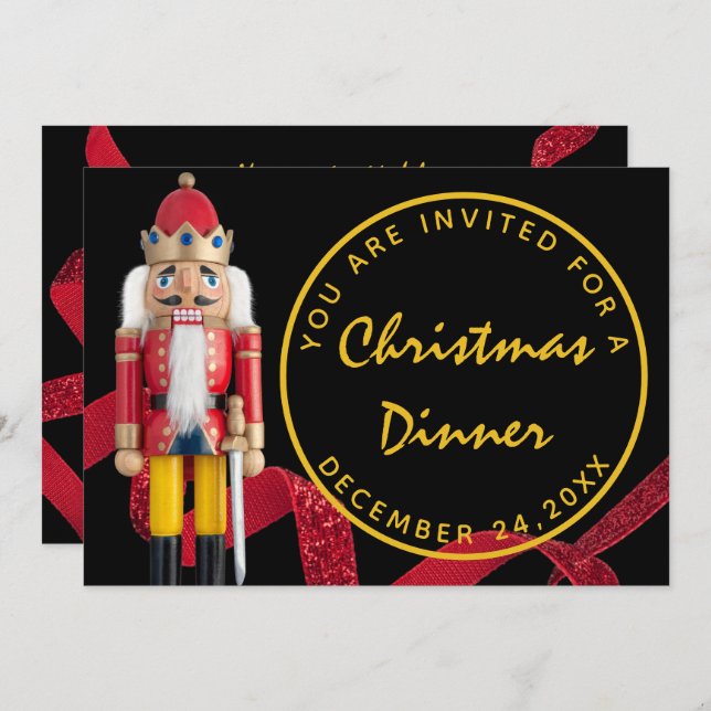Black Red Christmas Eve Dinner Gold Nutcracker Einladung (Vorne/Hinten)