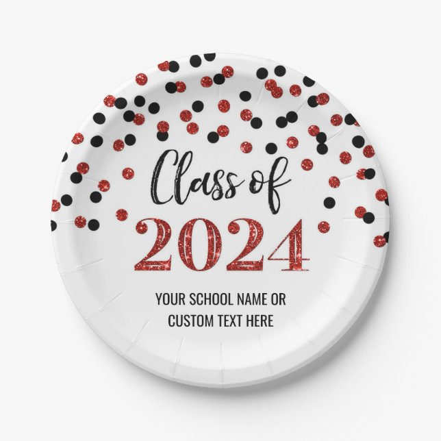 Black Red Confetti Abschluss 2024 Pappteller (Vorderseite)
