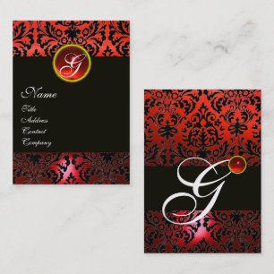 BLACK RED DAMASK FLORAL MONOGRAM , Ruby Gem Visitenkarte