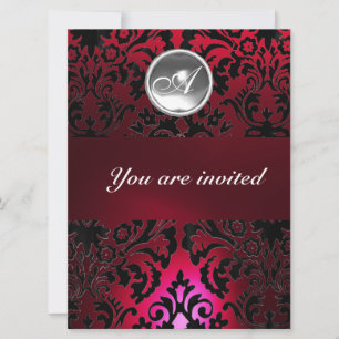 BLACK & RED DAMASK GEM STONE MONOGRAM burgundy Einladung