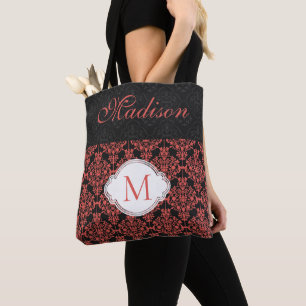 Black Red Damask Girly Trendy Initial Monogram