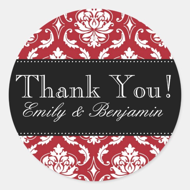 Black, Red Damask Wedding Danke Sticker (Vorderseite)