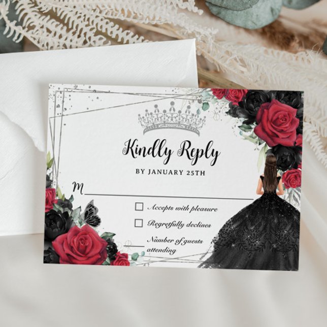 Black Red Floral Silver Princess Gown Quinceañera RSVP Karte (Von Creator hochgeladen)