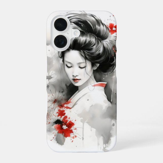 Black Red Geisha iPhone 16 Hülle (Rückseite)
