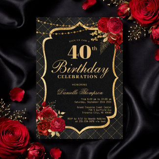 Black, Red & Gold 40th Birthday Invitation Einladung