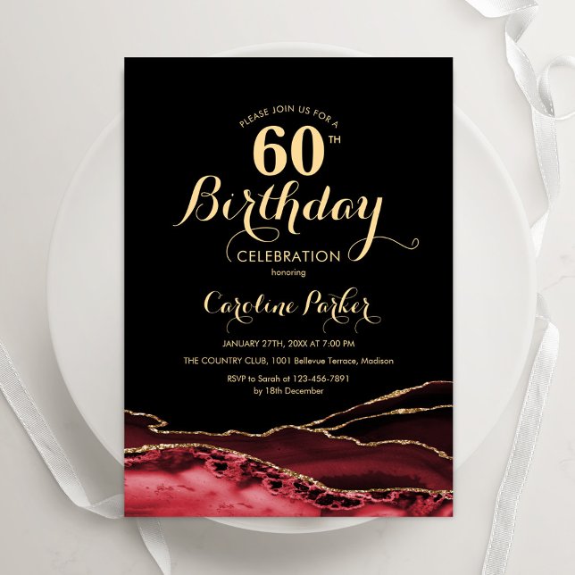 Black Red Gold Agate 60. Geburtstag Einladung (Von Creator hochgeladen)