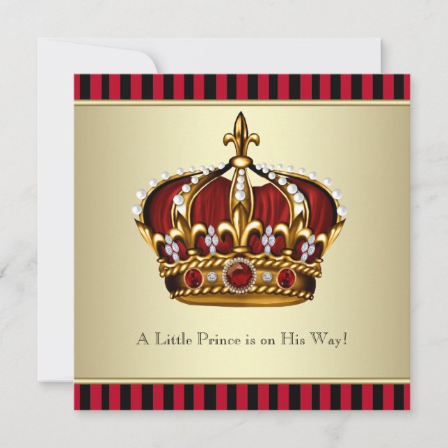 Black Red Gold Crown Little Prince Boy Baby Dusche Einladung (Vorderseite)