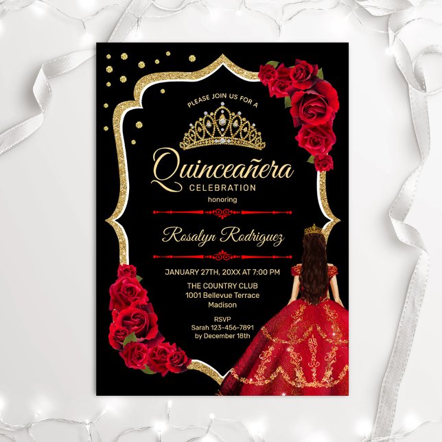 Black Red Gold Dress Quinceanera Einladung (Von Creator hochgeladen)