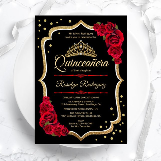 Black Red Gold Elegante Quinceanera Einladung (Von Creator hochgeladen)