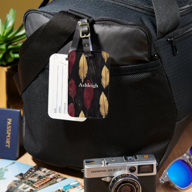 Black Red Gold Feathers Gepäckanhänger (Vorderseite & Rückseite)