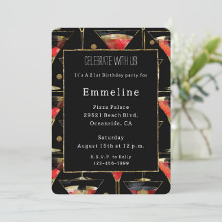 Black Red Gold Martini Geburtstag Einladung
