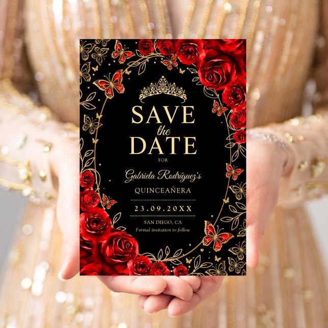 Black Red Gold Quinceanera Floral Save The Date (Von Creator hochgeladen)