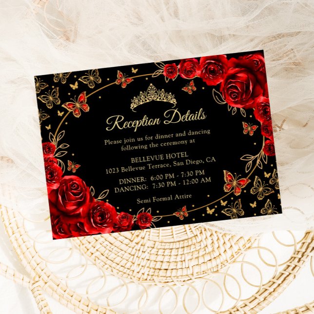 Black Red Gold Quinceanera Reception Details Begleitkarte (Von Creator hochgeladen)