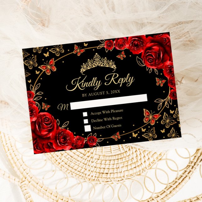 Black Red Gold Quinceanera Reply RSVP Karte (Von Creator hochgeladen)