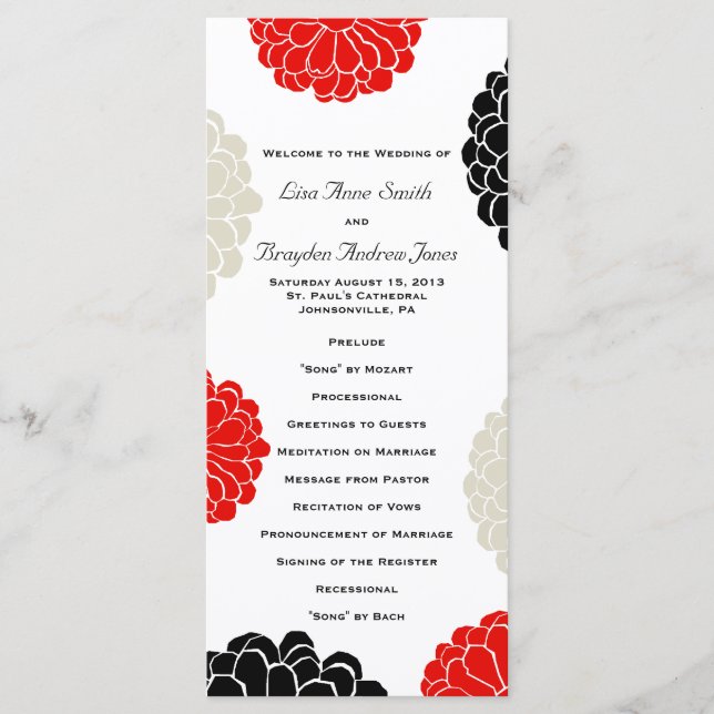 Black Red Gray Zinnia Blume Hochzeitsprogramm Programm (Vorderseite)