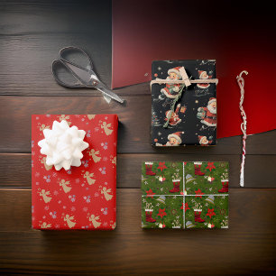 Black Red Green Santa Angeles Poinsettia Geschenkpapier Set