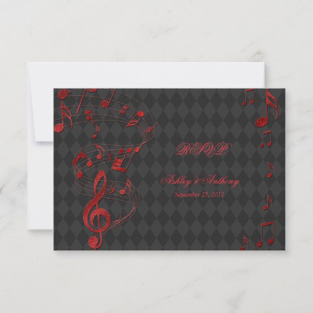 Black Red Harlequin Musiknoten Wedding RSVP-Karte RSVP Karte (Vorderseite)
