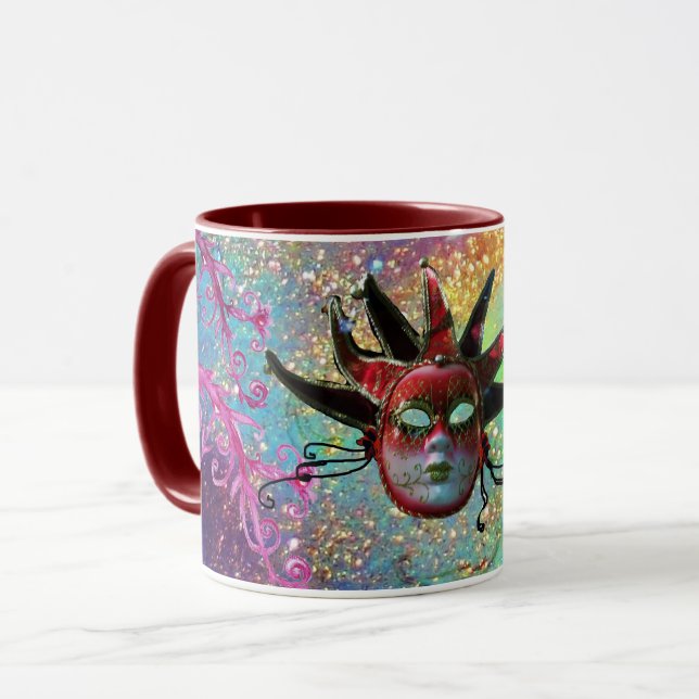 BLACK RED JESTER MASK Masquerade Blue Pink Floral Tasse (Vorderseite Links)