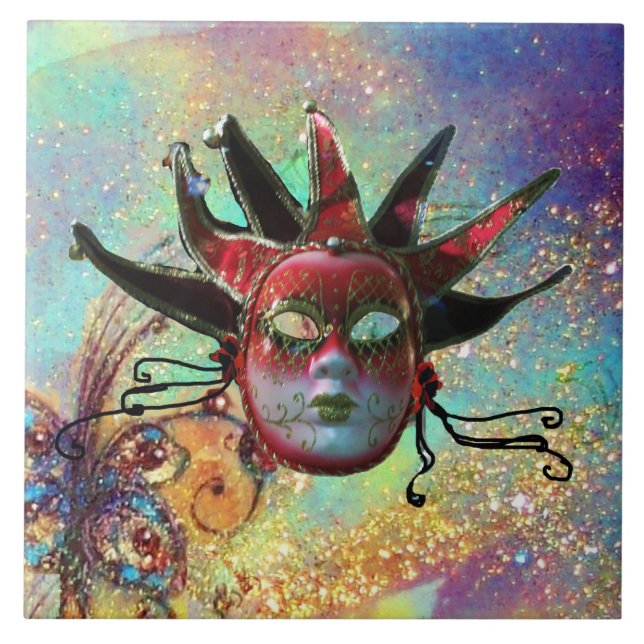 BLACK RED JESTER MASK Masquerade Green Blue Fliese (Vorderseite)