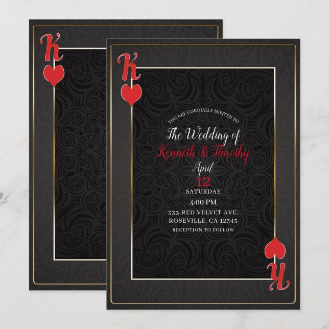 Black & Red King of Hearts Card Elegante Hochzeit Einladung (Vorne/Hinten)