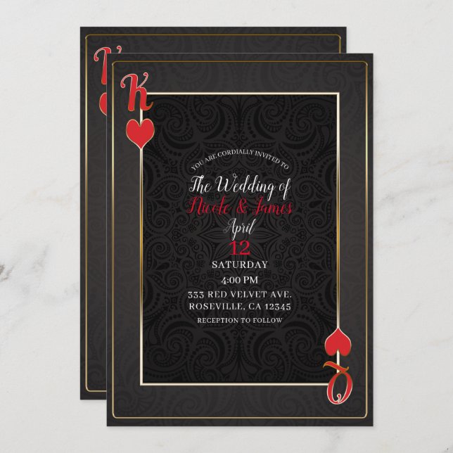Black Red King & Queen of Hearts Elegante Hochzeit Einladung (Vorne/Hinten)