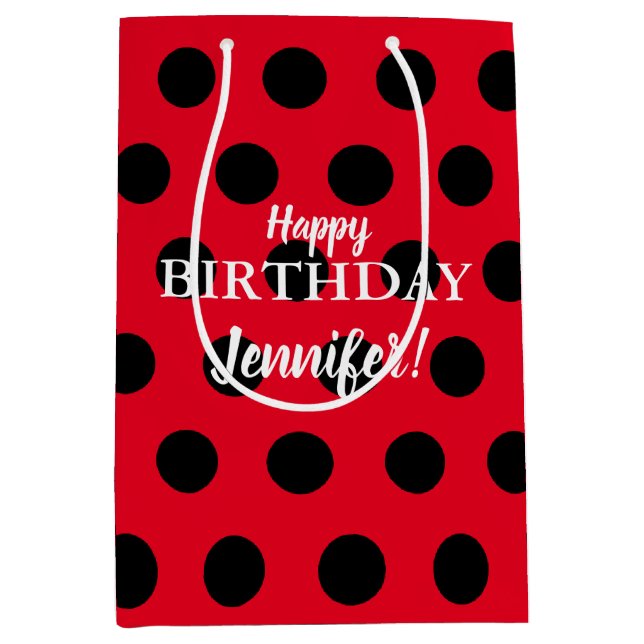 Black & Red Lady Bug Polka Dot Individuelle Name Mittlere Geschenktüte (Vorderseite)